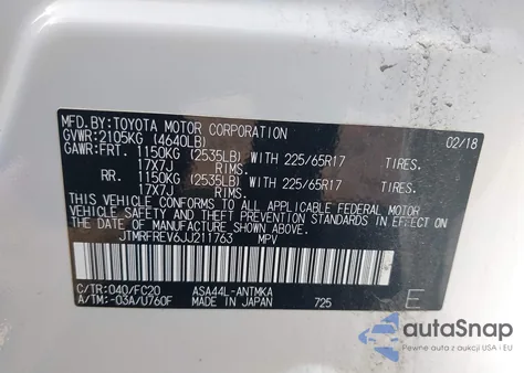 2018 Toyota Rav4 Xle из США, поврежденный, VIN JTMRFREV6JJ211763